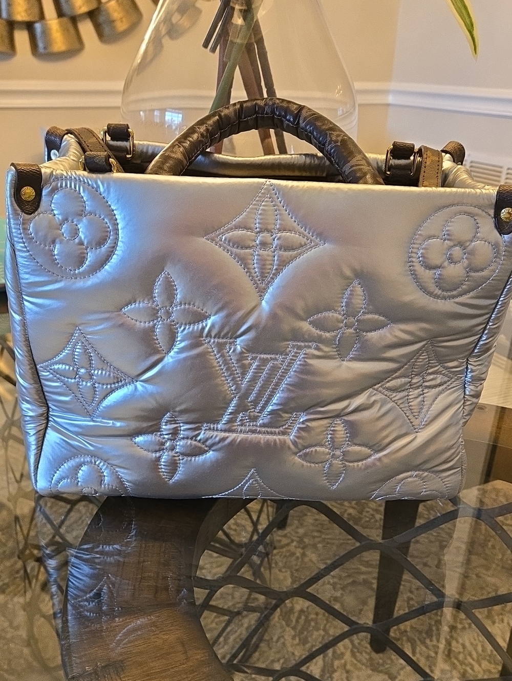 Silver Quilted Puffy Monogram Large New Satchel 14" x 11". Designer Looks 4 Less